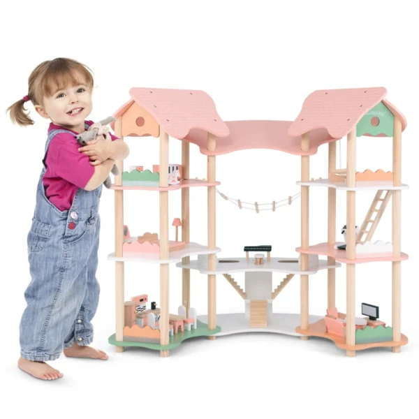 Houten Poppenhuis Voor Kinderen Van 3-8 Jaar Poppenhuis Met 7 Kamers En 3 Verdiepingen Met 32 Realistische Meubelaccessoires