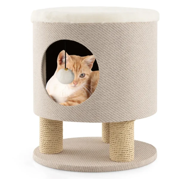 Huisdierbedden Voor Binnenkatten Poef En Kattenbed Met Krabpaal Pluche Bal Modern 3-In-1 Meubel Voor Kleine En Middelgrote Katten Beige