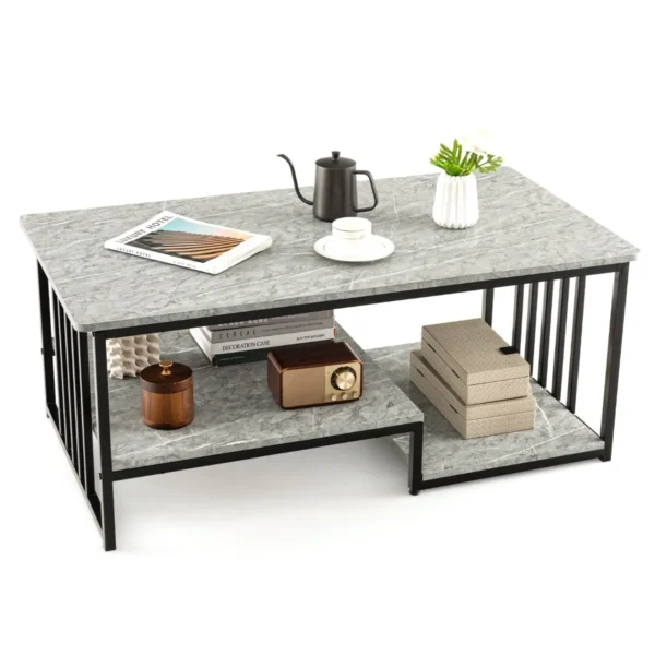 Imitatie Marmeren Salontafel Rechthoekige 2-Tier Centrale Tafel Met Open Opbergplank Lange Moderne Cocktailtafel Met Metalen Frame Grijs