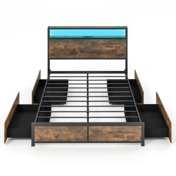 Industrieel Tweepersoonsbed Voor Volwassenen Met 4 Laden En Hoofdeinde LED-Verlichting Bedframe Met Stopcontact