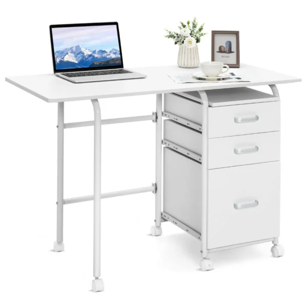 Inklapbare Computertafel Met 3 Laden En Wieltjes Bureau Met Metalen Frame Klapbureau105 X 50 X 75 Cm (Wit)
