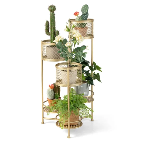 Inklapbare Metalen Plantstandaard Met 6 Niveaus Bloempotstandaard Met Meerdere Niveaus Voor 6 Potplanten Decoratieve Gouden Plantendisplay