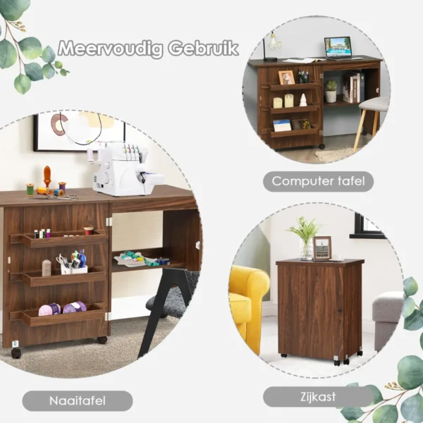 Inklapbare Naaitafel Computertafel Met Vergrendelbare Wielen En Opbergrekken 118,5 X 40 X 79,5cm Bruin