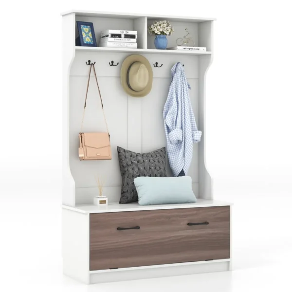 Kapstok Met Zitbank En 5 Dubbele Haken Garderobe Met Open Vakken En Schoenenkast Halgarderobe Voor Entree Slaapkamer (Wit)