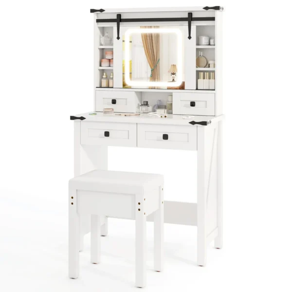 Kaptafel En Kruk Set Met Verlichting En Schuifspiegel LED Verlichting Zijkast 4 Lades Verstelbare Opbergplanken Wit