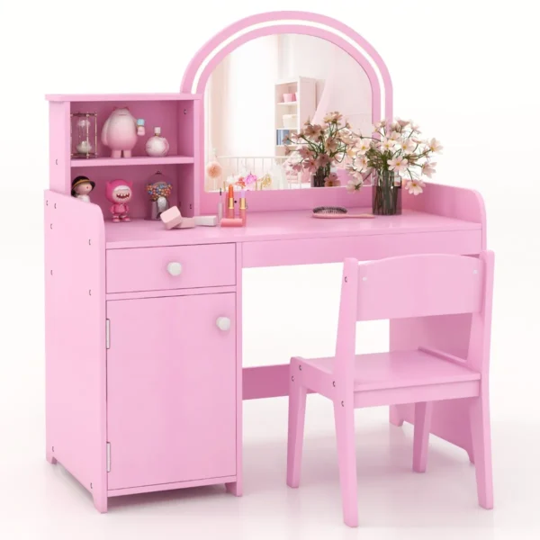 Kaptafel En Stoelenset Voor Kinderen Make-Upspeelset Met Planken Houten Kaptafelset Met Tweekleurige Led-Verlichting Roze