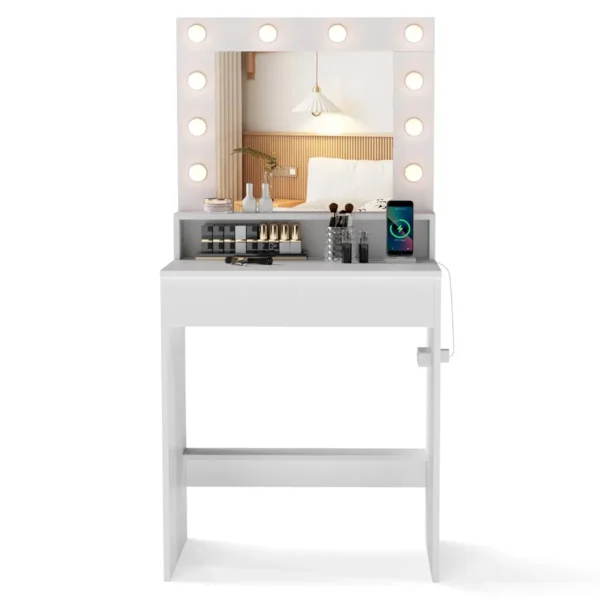 Kaptafel Met LED-Verlichting Instelbare Helderheid Kaptafel Met Spiegel En Oplaadstation Cosmeticatafel Met Lade En Open Vak Wit