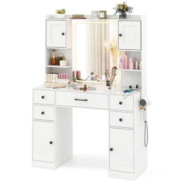 Kaptafel Met Verlichte Spiegel Met 3-Kleurige Dimbare LED-Verlichting Kaptafel Met Oplaadstation En Kasten Met Verstelbare Planken Wit