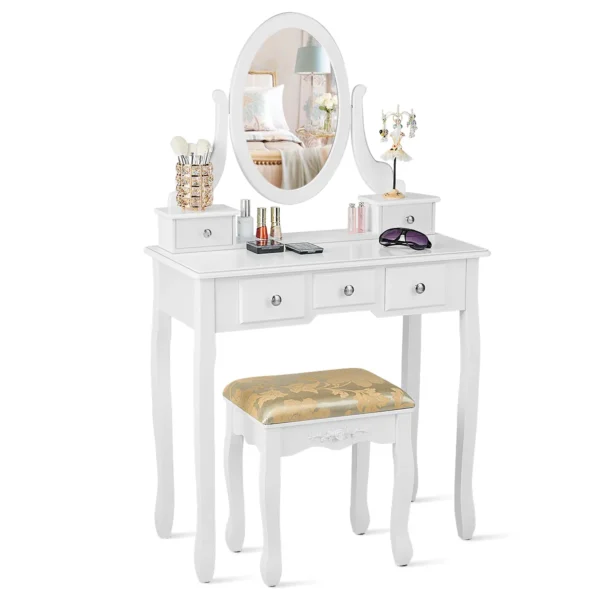 Kaptafel Set Met 360 ° Draaibare Ovale Spiegel Make-Uptafel Kaptafel Multifunctionele Make-Up Tafel Met 5 Laden (Wit)