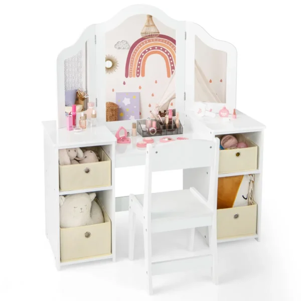 Kaptafel Stoel Set Voor Kinderen 2-In-1 Kaptafel Set Met 3 Afneembare Spiegels 4 Opbergbakken Make-Up Tafel & Stoel Voor Kinderen 3+-Wit