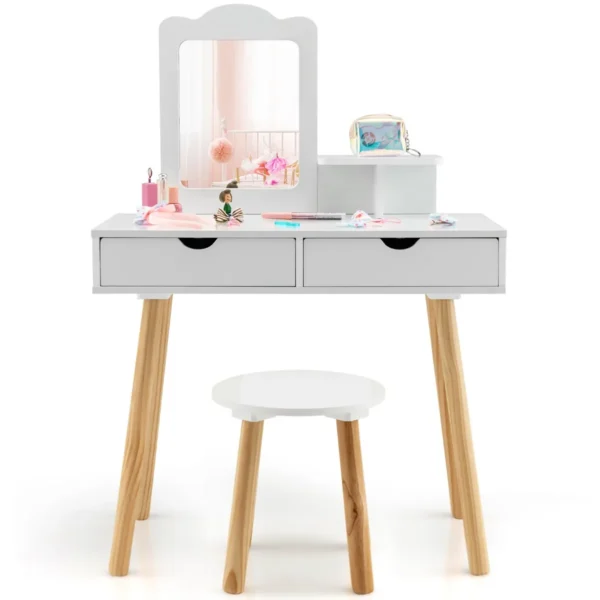 Kaptafelset Voor Kinderen 2-In-1 Kaptafel Bureau En Kruk Met Afneembare Spiegel 2 Laden Kam Houten Make-Upcommode Wit
