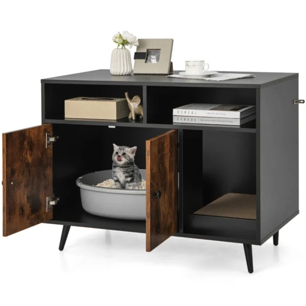 Kattenbak Met Krabpaal Kattentoilet Kantelbeveiliging 2 Opbergplanken Metalen Schuine Poten 90 X 50 X 70 Cm Zwart + Bruin