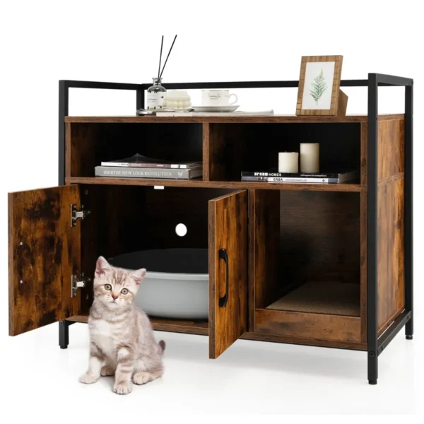 Kattenbak Verborgen Kattentoilet Met Dubbele Deuren En Krabplank Voor Ingang Slaapkamer Woonkamer Bruin 90 X 45 X 74 Cm