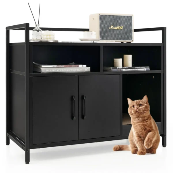 Kattenbak Verborgen Kattentoilet Met Dubbele Deuren En Krabplank Voor Ingang Slaapkamer Woonkamer Zwart 90 X 45 X 74 Cm