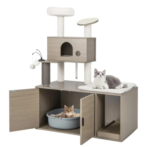 Kattenboom Met Kattenbak Moderne 2 In 1 Kattentoren Zitstok Sisalpalen Krabplank Helling Platformen Hangende Ballen Voor Katten