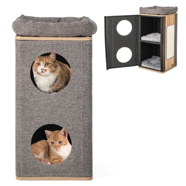 Kattenmand Kattenhuis Met Krabplank En 3 Matten Speelton Voor Katten Tot 20 Kg Kattenkrabpaal Met Holletjes Grijs + Natuur