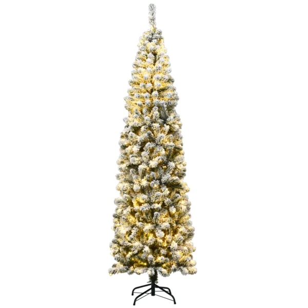 Kerstboom 225 Cm Pencil Kerstboom Met Sneeuw En 350 Warm Witte LED Lampjes