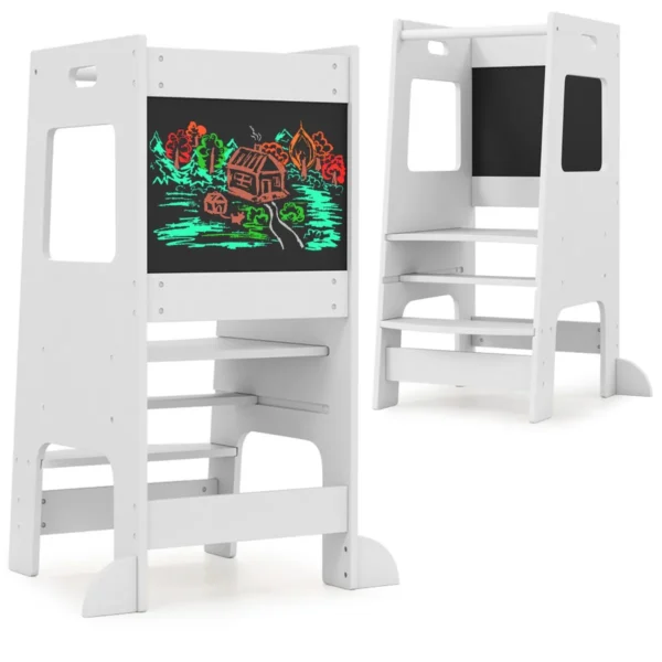 Keukentrapje Voor Peuters Kinderkrukje Met Activiteitenbord In Hoogte Verstelbaar En Veiligheidsreling Houten Keukenkrukje Voor 3-Jarigen-Wit