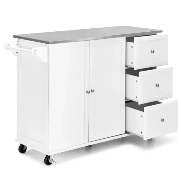 Keukenwagen Met Werkblad Van Roestvrij Staal Keukeneiland Met 3 Laden & Verstelbare Plank & Handdoekhouder Mobiele Serveerwagen Wit