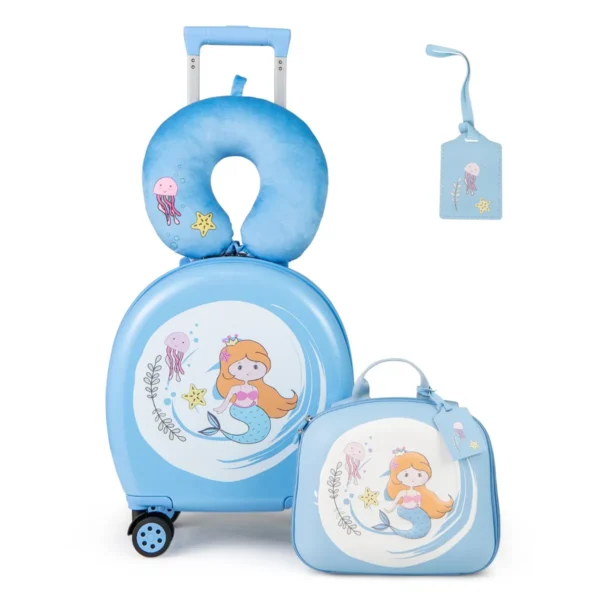 Kinderbagageset 4-Delige Kofferset Met Handbagage Rugzak Nekkussen Bagagelabel Cadeau Blauw