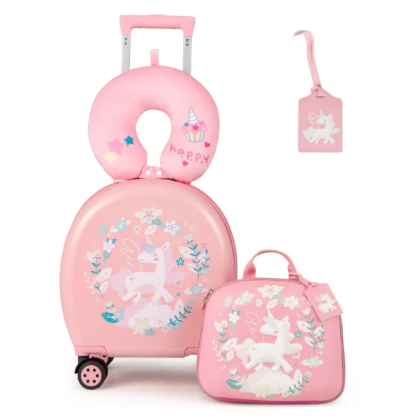 Kinderbagageset 4-Delige Kofferset Met Handbagage Rugzak Nekkussen Bagagelabel Cadeau Roze