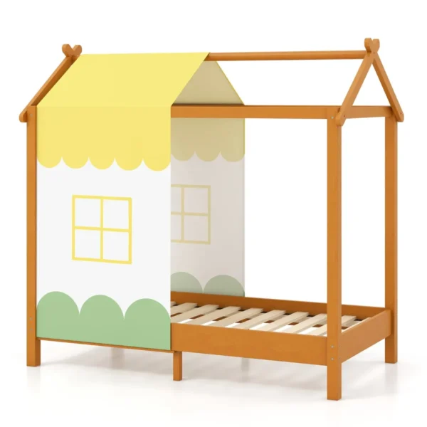 Kinderbed Met Dak Speelhuis Platformbed Met Afneembaar Hemelbed & 12 Massief Houten Latten Huisbed 152 X 82 X 150 Cm