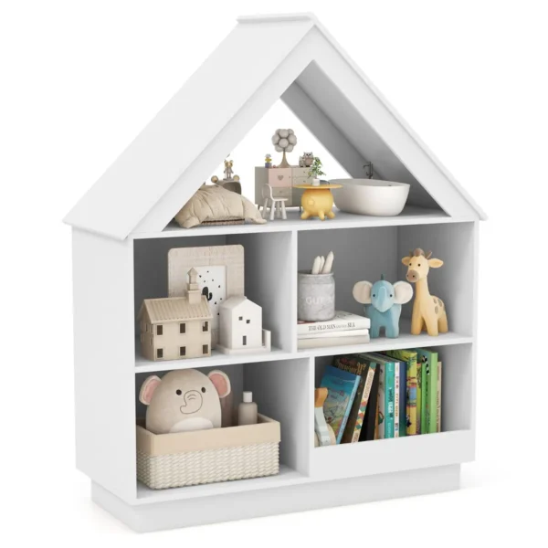Kinderboekenkast In De Vorm Van Een Huis Houten Speelgoedopbergmeubel Met 5 Vakken Open Displayplank Met 3 Niveaus-Wit