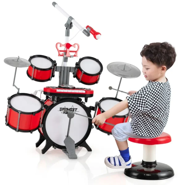 Kinderdrumset Met Toetsenbord En Kruk Jazz-Drums Met Microfoon Muziekstandaard Multifunctioneel Toetsenbord Muziekinstrument Rood