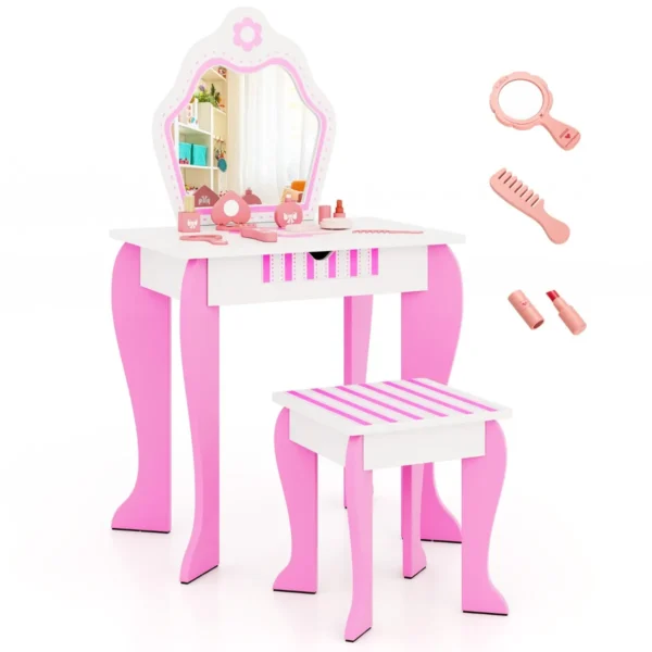 Kinderen Kaptafel En Krukje Set Princess Make-up Kleed Tafel Set Met Spiegel & Lade 2-In-1 Kleuter Kaptafel Set Schrijftafel Roze