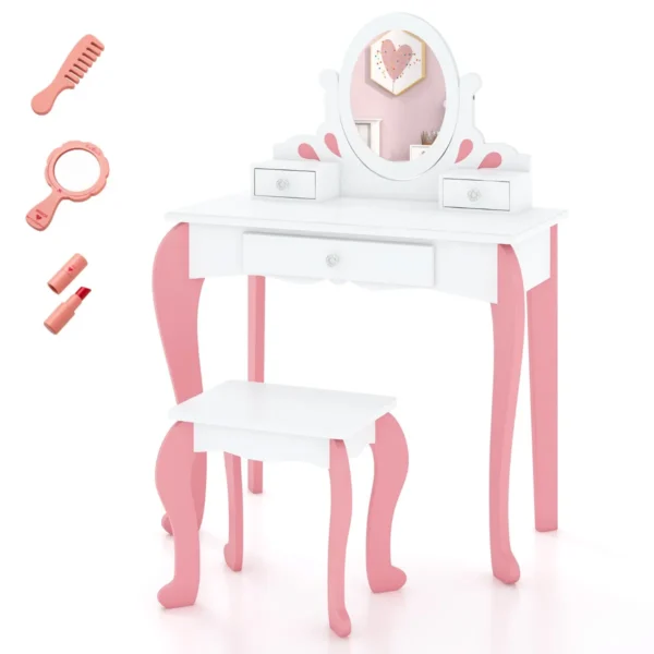 Kinderen Kaptafel & Kruk Set Houten Kleine Prinses Make-Up Kaptafel Met 360 ° Draaibare Spiegel & 3 Laden Schrijftafel Wit + Roze