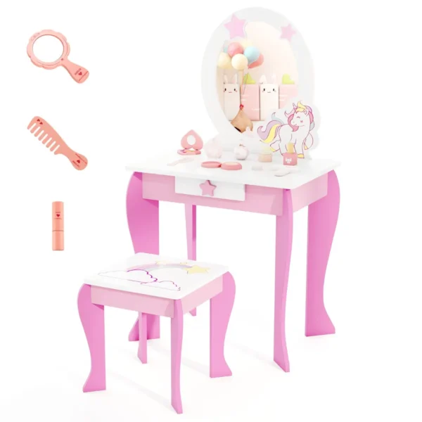 Kinderen Kaptafel Set Houten Prinses Kaptafel Met Krukje Afneembare Spiegel En Opberglade Kaptafel Set Roze