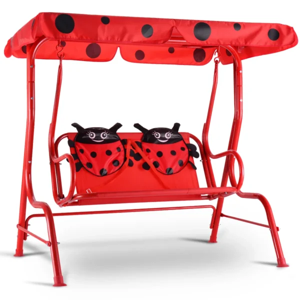 Kinderen Terras Schommelstoel Kinderen Veranda Schommel Met Veiligheidsgordel Afneembare Luifel Bank Voor 2 Personen Rood