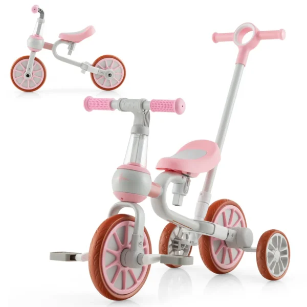 Kinderfiets 4-in-1Driewieler Loopfiets Voor Kinderen Met Verstelbare Duwbeugel En Zithoogte 37 X 72 X 101 Cm Roze