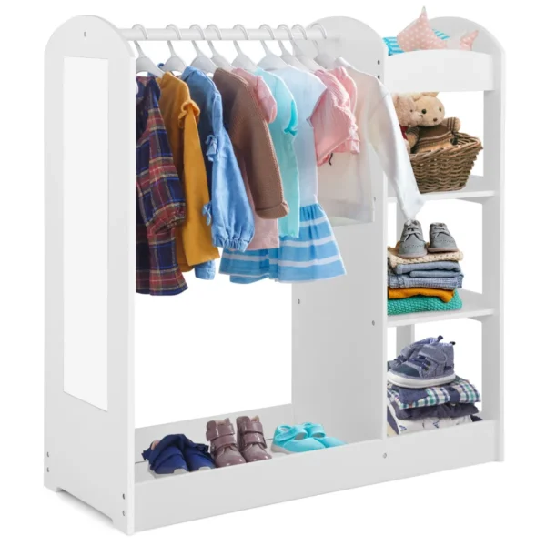 Kindergarderobe Met Spiegel Kinderkledingkast Van Hout Met Kleerhangers En 4 Planken 93,5 X 38 X 100 Cm Wit