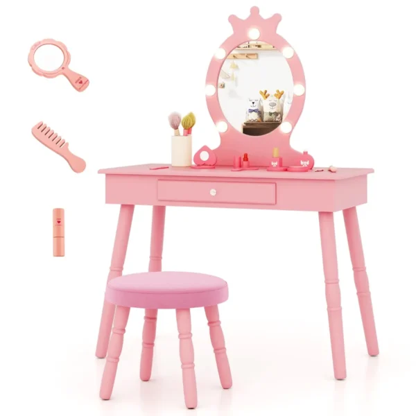Kinderkaptafel Set Met Verlichte Spiegel Tafel En Kruk Set Met Verstelbare Verlichting Grote Lade Gestoffeerde Kruk-Roze