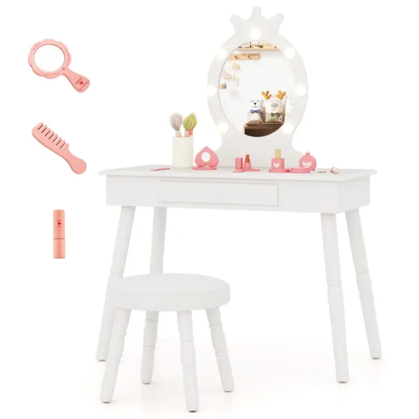 Kinderkaptafel Set Met Verlichte Spiegel Tafel En Kruk Set Met Verstelbare Verlichting Grote Lade Gestoffeerde Kruk-Wit