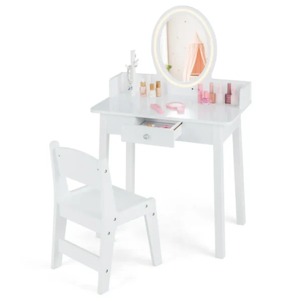 Kinderkaptafelset Met Verlichte Spiegel Make-Up Kaptafel Met Stoel Tweekleurige LED-Verlichting Sieradenopberger Boomvormige Lade Wit