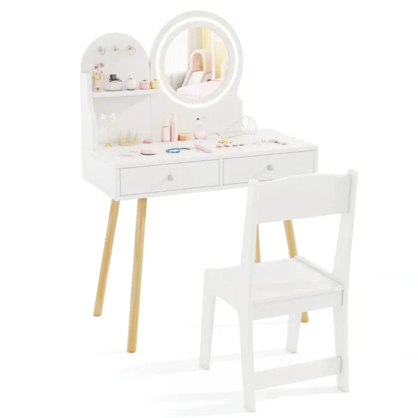 Kinderkaptafelset Met Verlichte Spiegel Make-Uptafel En Stoelset Open Plank Haken En Lades Houten Kaptafel Wit