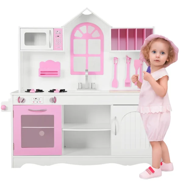 Kinderkeuken Houten Keukenset Met Doe Alsof-Keuken-Accessoires Voor Peuters 3 Jaar+ 109 X 32 X 106,5 Cm Roze En Wit
