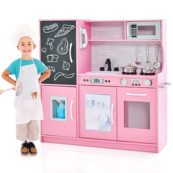 Kinderkeuken Met 10 Speelaccessoires Speelkeuken Voor Kinderen Speelgoedkeuken Met Magnetron Ijsmachine Vaatwasser En Oven (Roze)
