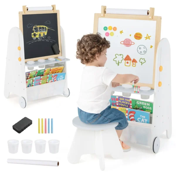 Kinderkunst-Ezel Met Kruk 4-In-1 Activiteitentafel Met Magnetisch Bord Krijtbord Boekenplanken Papierrol Voor Kinderen 3+