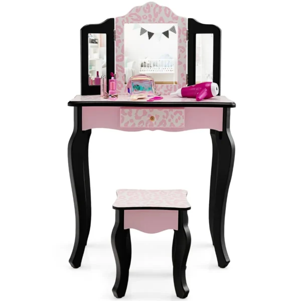 Kindermake-Uptafel Met Kruk 2-In-1 Kaptafel Bureau Met Drievoudig Inklapbare Spiegel Afneembare Plaat En Lade (Luipaard)