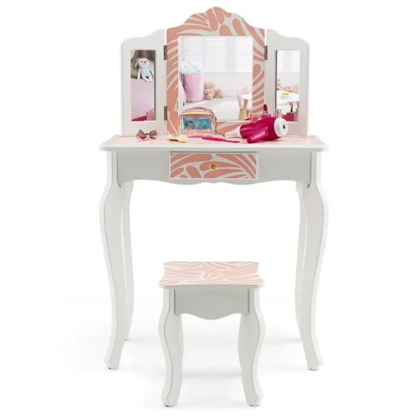 Kindermake-Uptafel Met Kruk 2-In-1 Kaptafel Bureau Met Drievoudig Inklapbare Spiegel Afneembare Plaat En Lade (Zebra)