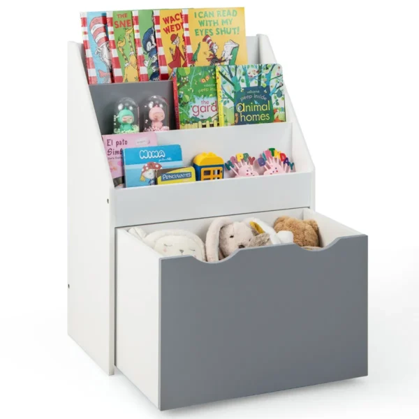 Kinderrek Met 3 Planken En Rollende Speelgoedkist Multifunctionele Boekenplank Voor Kinderkamer Kleuterschool Grijs + Wit