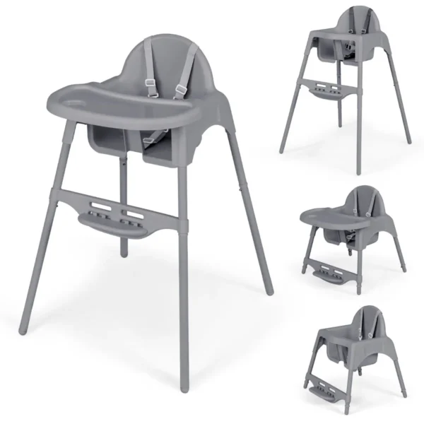 Kinderstoel Voor Baby's En Peuters 4-in-1 Converteerbare Stoel Met Veiligheidsharnas Afneembaar Verstelbaar Dienblad En Voetensteun-Grijs
