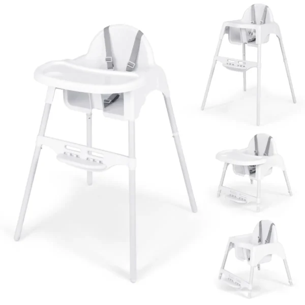 Kinderstoel Voor Baby's En Peuters 4-in-1 Converteerbare Stoel Met Veiligheidsharnas Afneembaar Verstelbaar Dienblad En Voetensteun-Wit