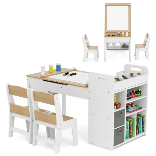 Kindertafel En Stoelenset Met Papierrol Klapdeksel Planken Stoffenbakken Draagbare Organizer Voor Kunstbenodigdheden Om Te Tekenen-Naturel