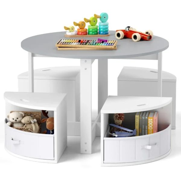 Kindertafel En Stoelenset Ronde Nesttafel Met 4 Krukken 4 Stoffen Lades Voor Activiteiten Spelletjes Kunst Grijs En Wit