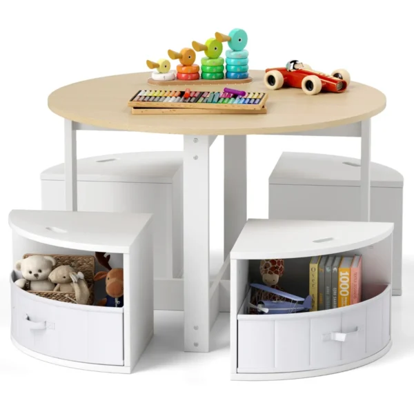 Kindertafel En Stoelenset Ronde Nesttafel Met 4 Krukken 4 Stoffen Lades Voor Activiteiten Spelletjes Kunst Natuur En Wit