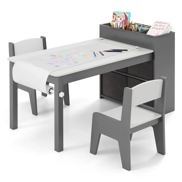 Kindertafel En Stoelenset Tekentafel Met 2 Stoelen Papierhouder En Rol 4 Stoffen Bakken Open Planken Activiteitentafel-Grijs